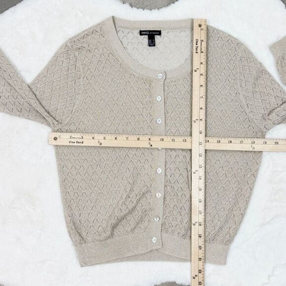 MNG Mango Pointelle Metallic Shimmer Button Up Cardigan Sweater Tan Gold Large - Picture 11 of 12